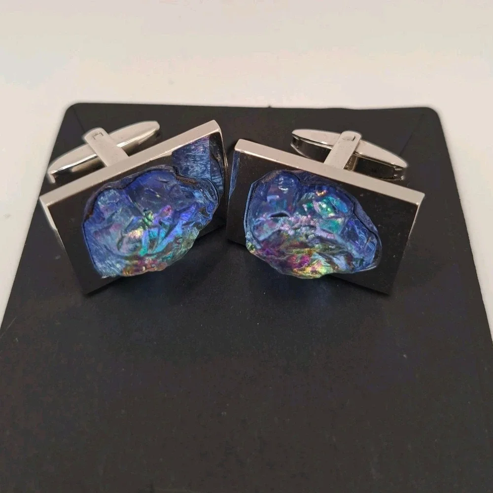 Vintage Sarah Coventry Iridescent Blue Art Glass Cufflinks Foster Silver Tone MC